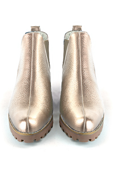 Tan beige women's ankle boots, with elastics. Round toe. Low rubber soles. Top view - Florence KOOIJMAN